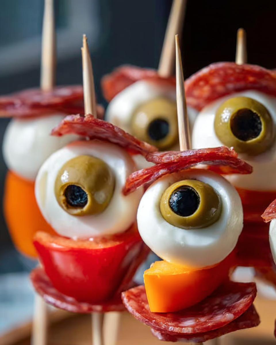 Creative spooky Caprese bites featuring mozzarella eyeballs, olives, and peppers.