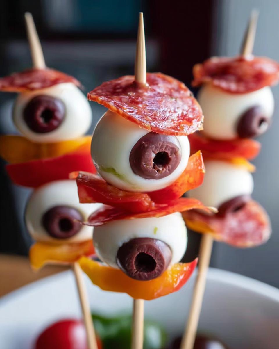 Skewers of spooky Caprese bites featuring mozzarella eyeballs, olives, and salami.