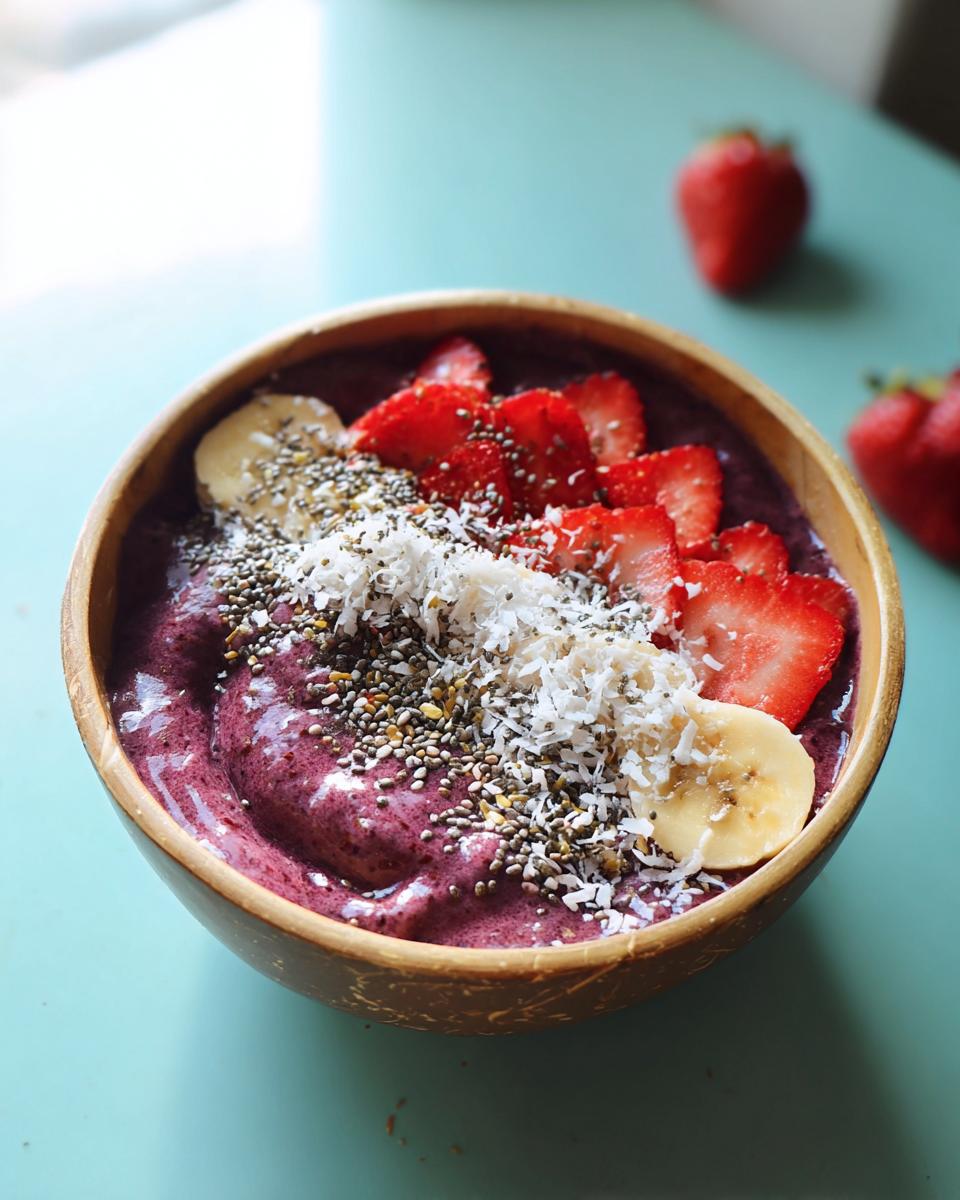 Colorful spooky smoothie bowl topped with banana, strawberries, and coconut.