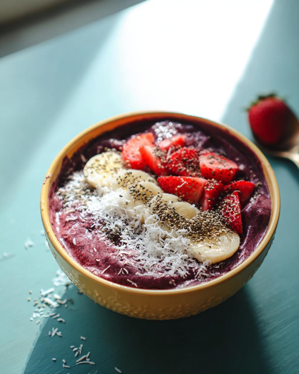 Vibrant smoothie bowl topped with strawberries, bananas, and coconut.