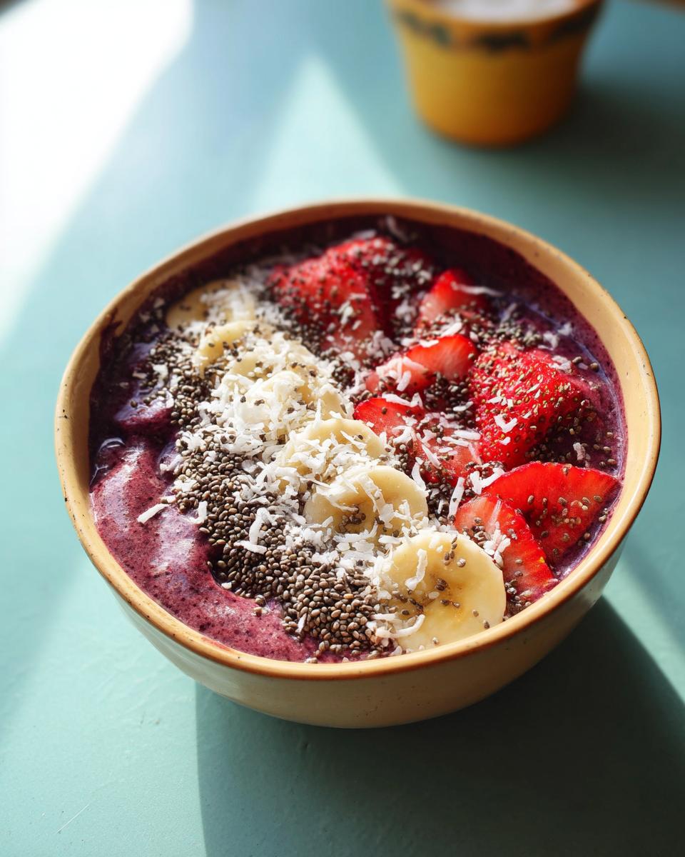 Vibrant spooky smoothie bowl topped with strawberries, bananas, and chia seeds.