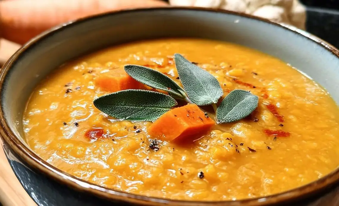 Bowl of sweet potato and red lentil soup garnished with sage and carrots.