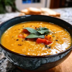 Bowl of sweet potato and red lentil soup topped with herbs and diced vegetables.