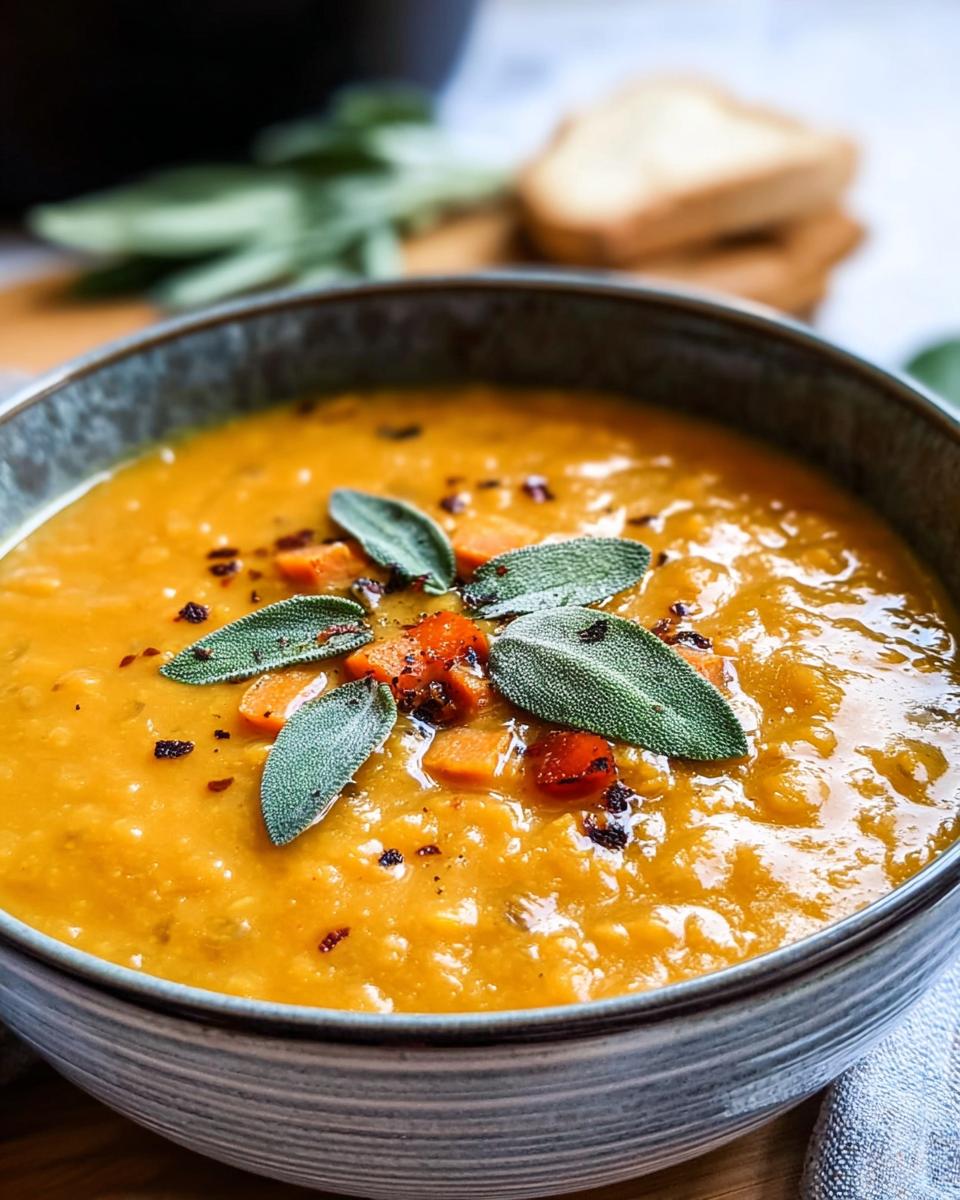 Bowl of sweet potato and red lentil soup garnished with sage leaves.