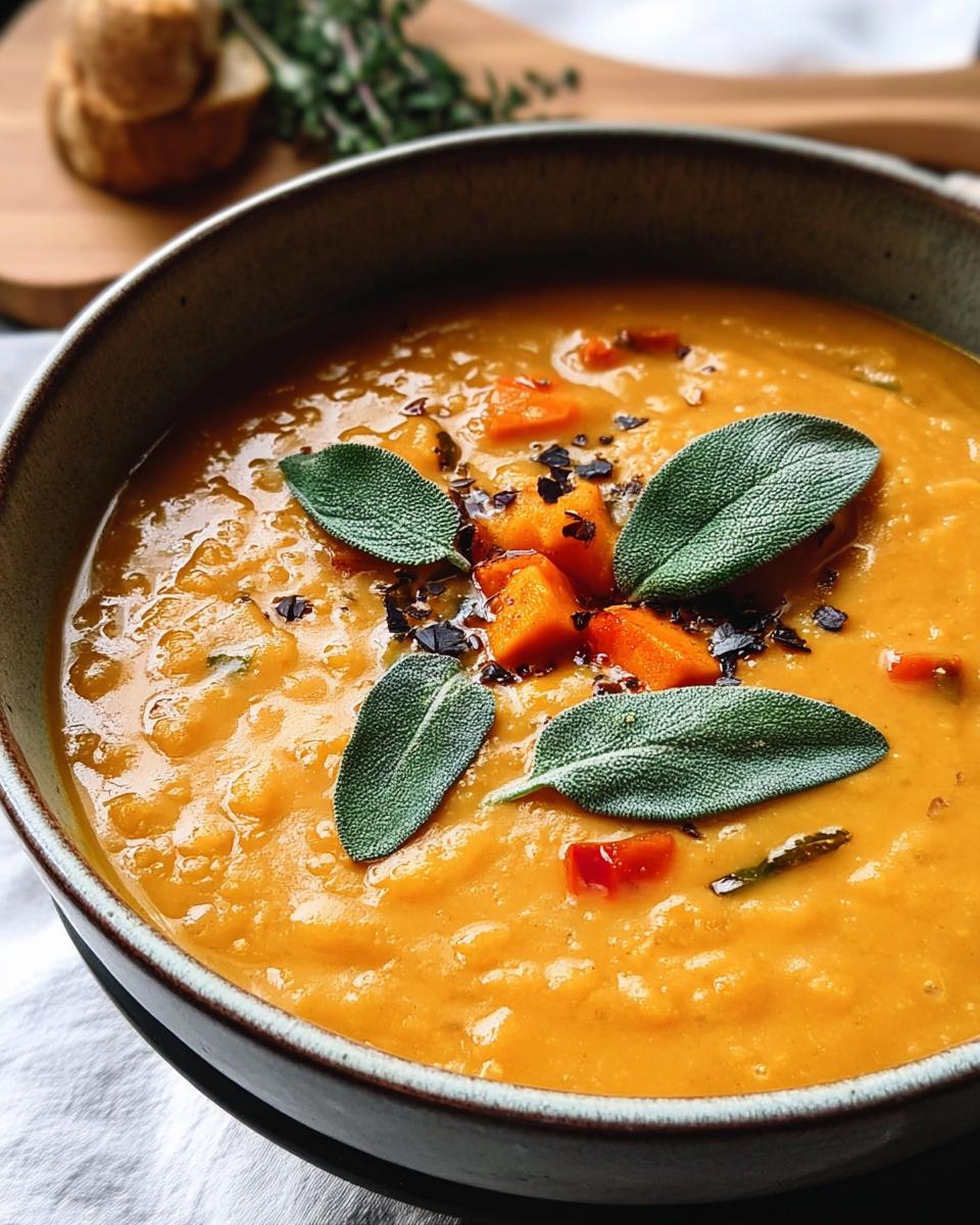 Bowl of sweet potato and red lentil soup topped with sage leaves and diced vegetables.
