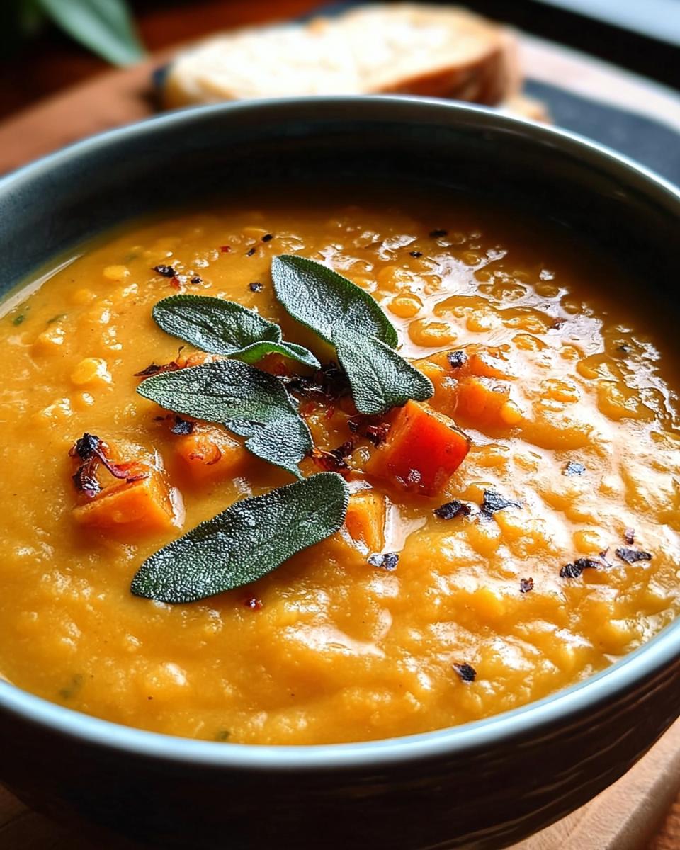 Bowl of sweet potato and red lentil soup garnished with sage leaves.