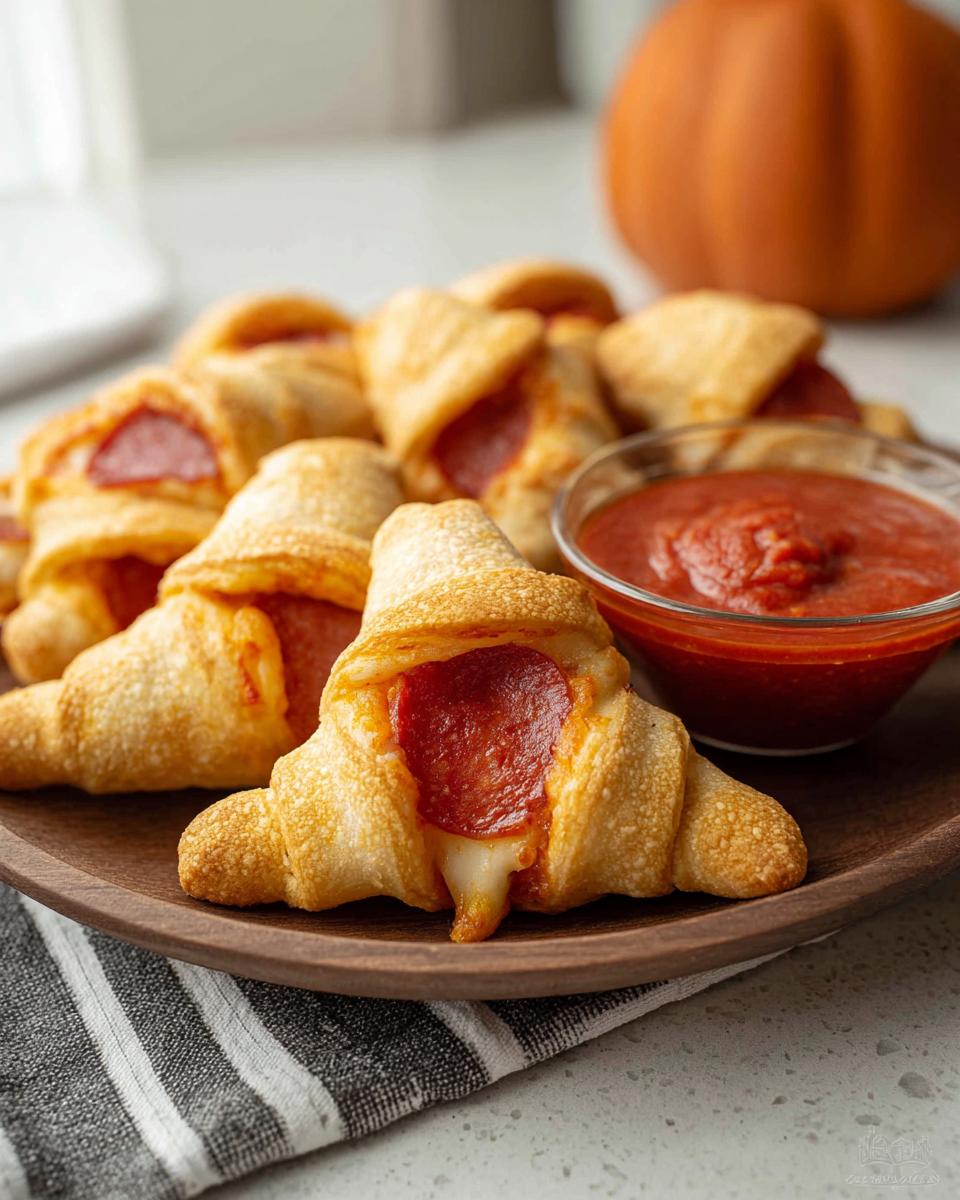 Plate of Witch Hat Crescent Roll Bites served with marinara sauce.