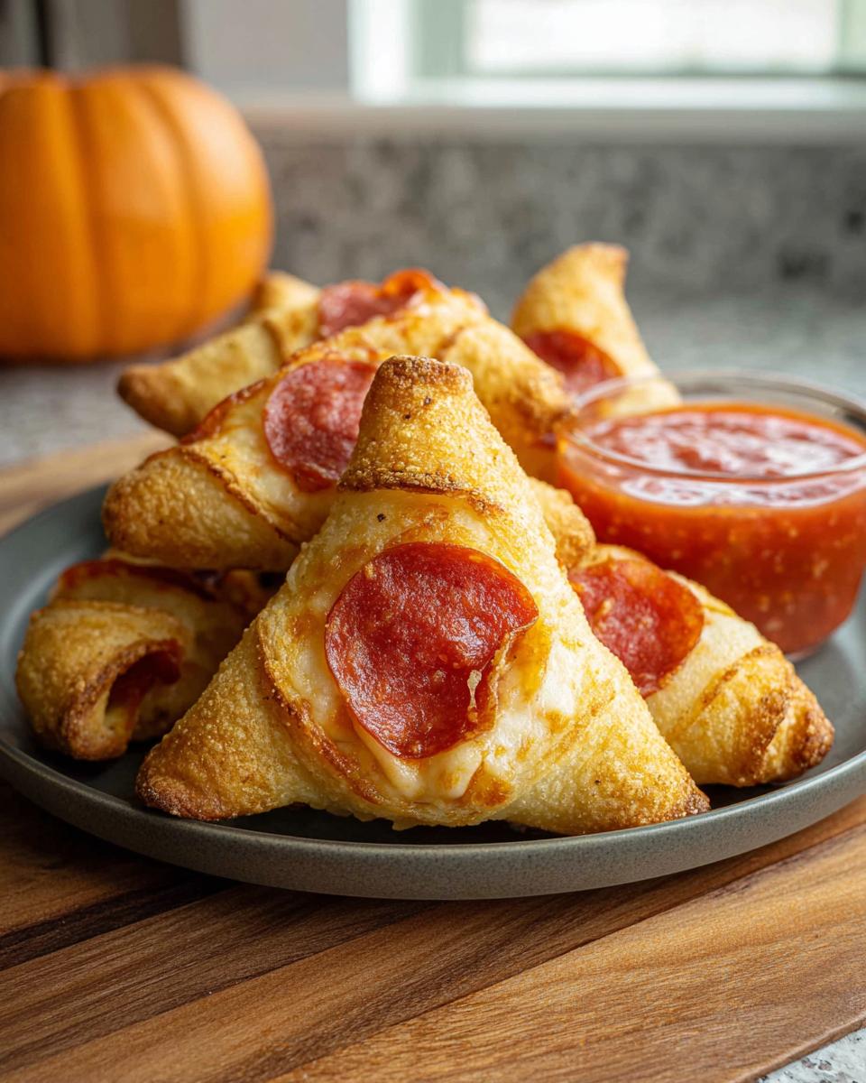 Plate of Witch Hat Crescent Roll Bites filled with cheese and pepperoni.