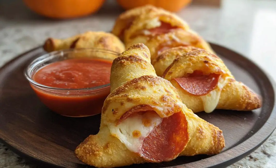 Witch hat crescent roll bites filled with pepperoni and cheese, served with marinara sauce.