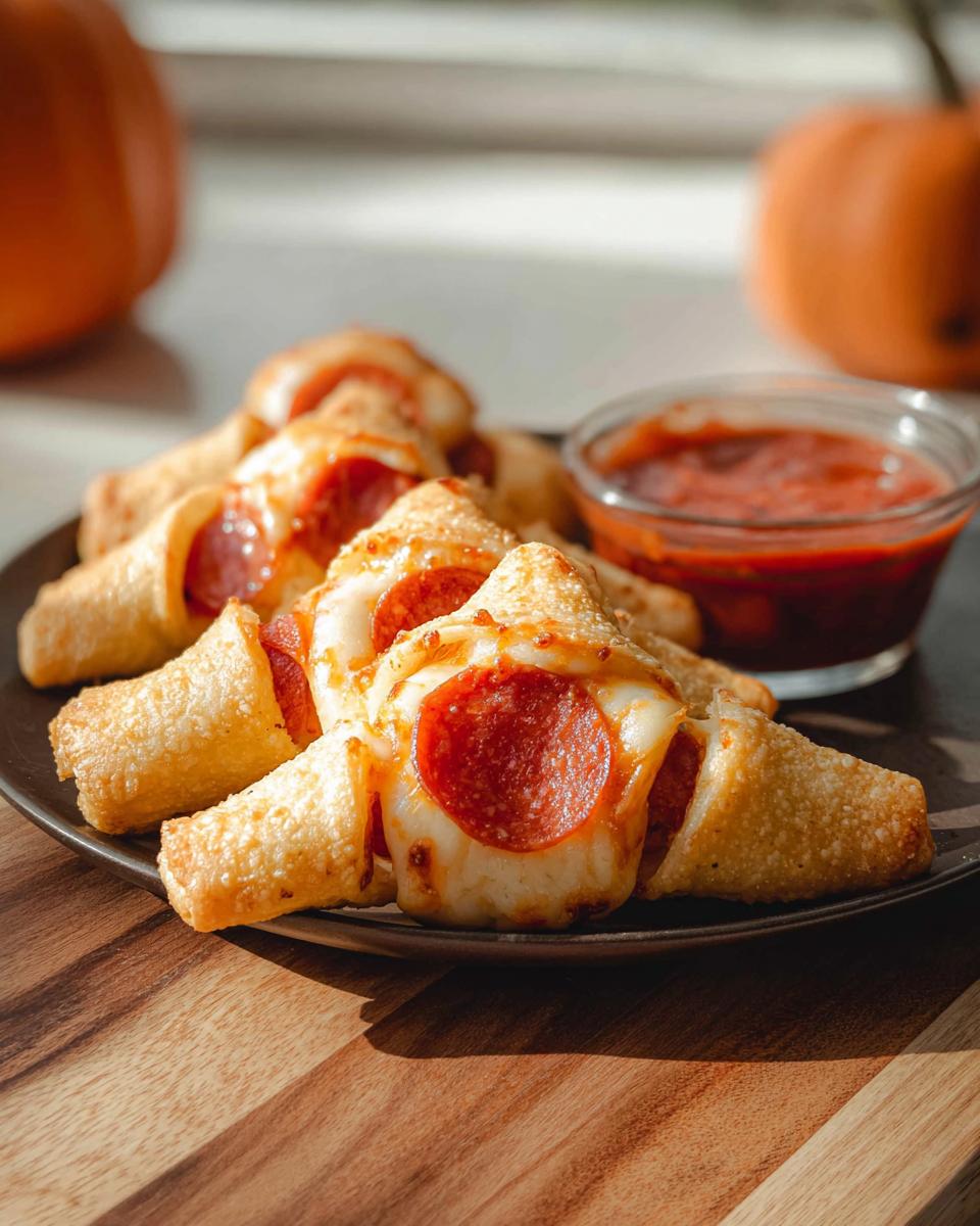 Plate of Witch Hat Crescent Roll Bites filled with cheese and pepperoni.