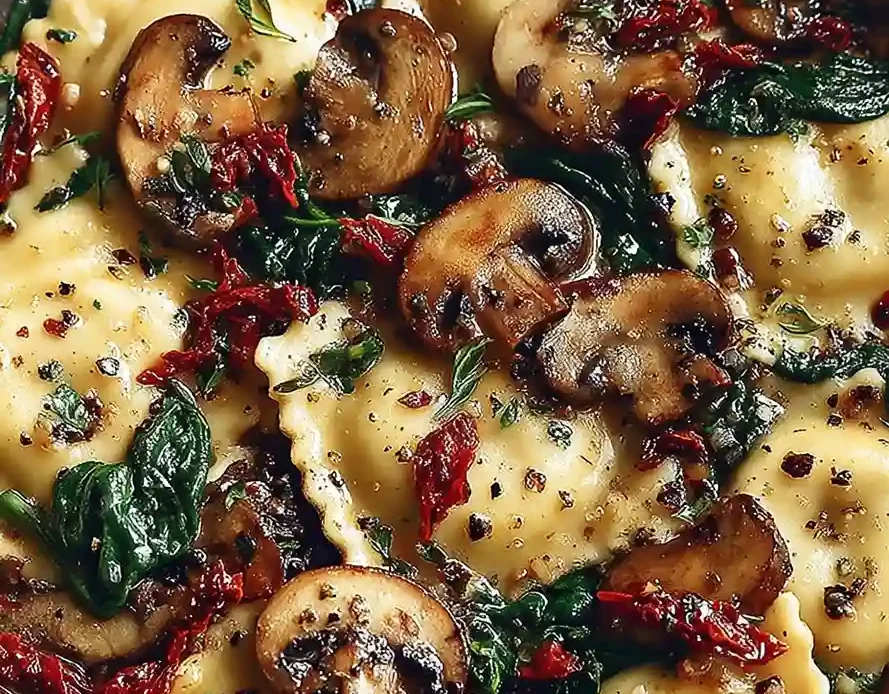 Cheesy Ravioli with Spinach & Mushrooms | Easy One-Pan Meal