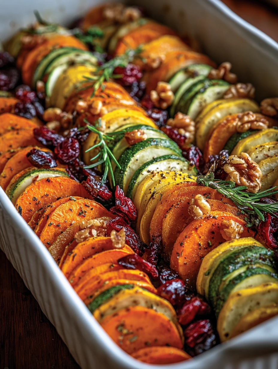 Picture of Layered Sweet Potato Squash Carrot Bake with Cranberry Maple