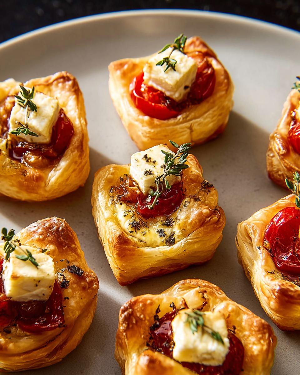 Plate of baked feta bites with cherry tomatoes and herbs.