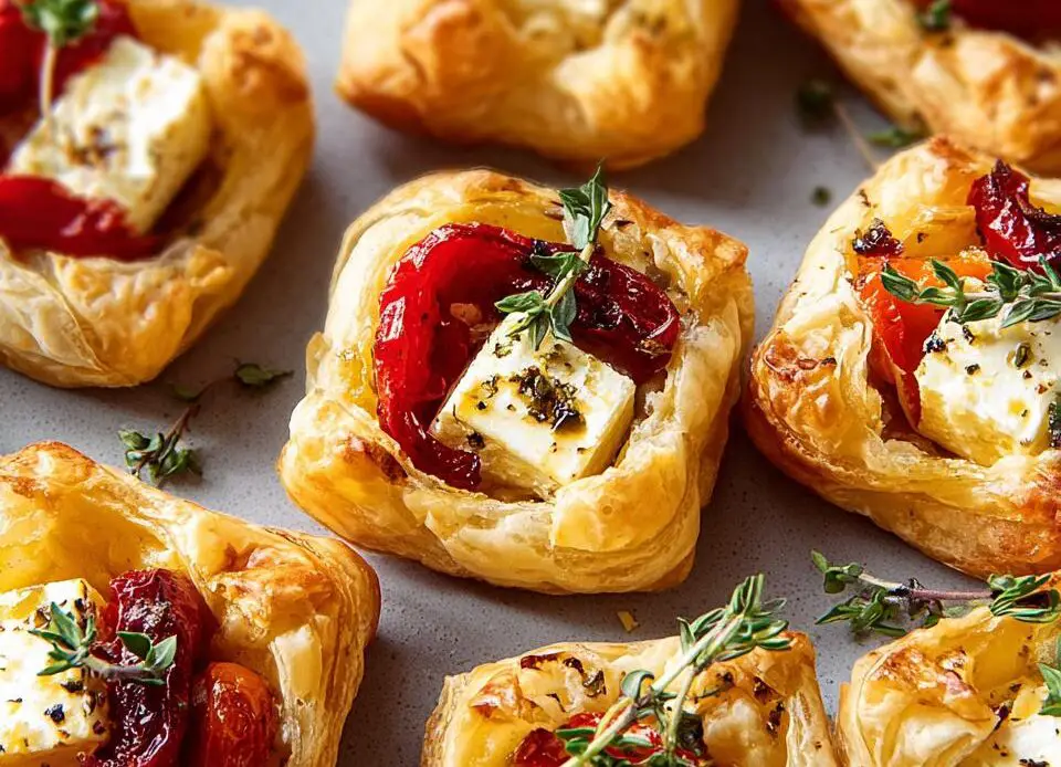 Plate of baked feta bites topped with roasted red peppers and herbs.