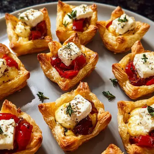 Plate of baked feta bites with red peppers and herbs.