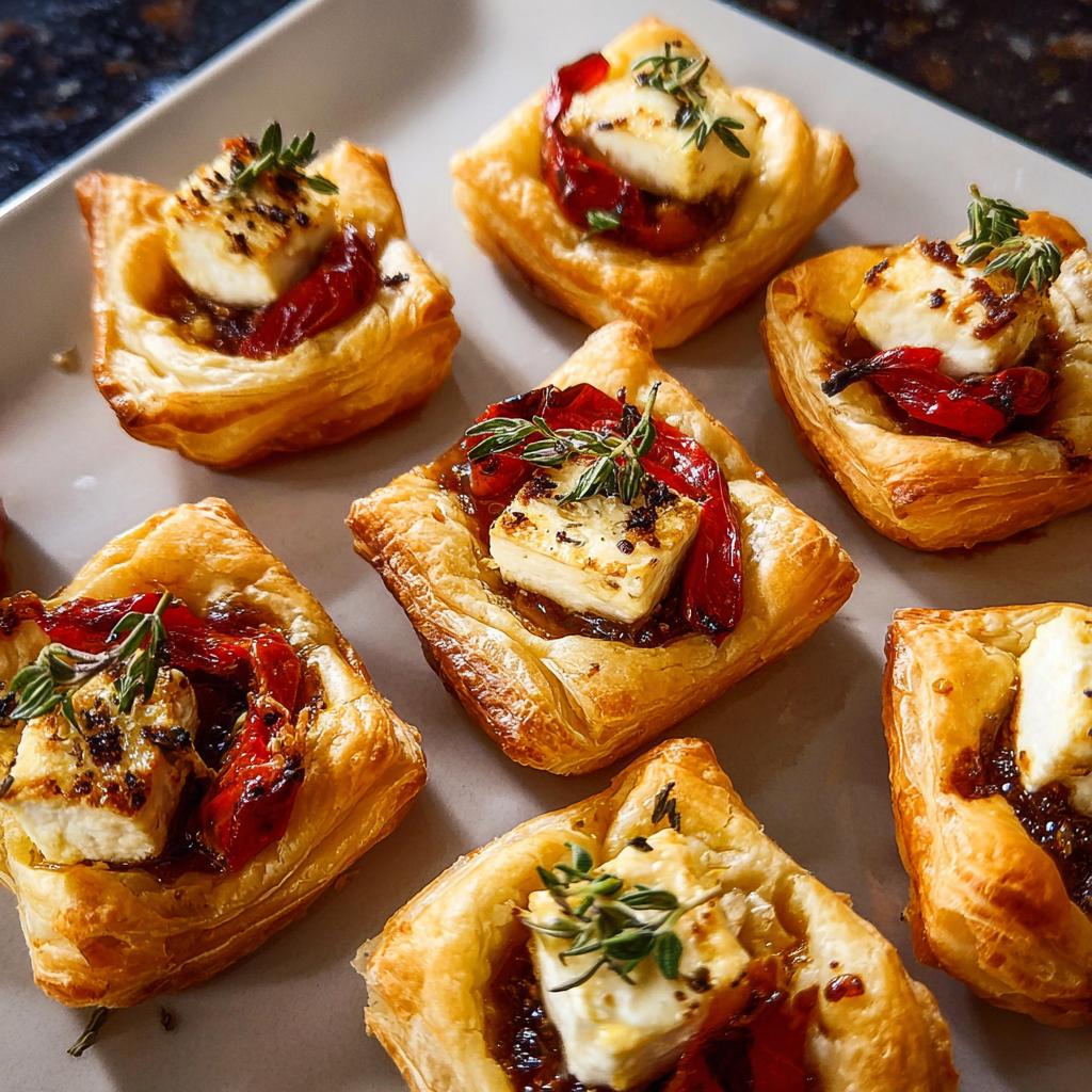 Plate of baked feta bites with roasted red peppers and herbs.