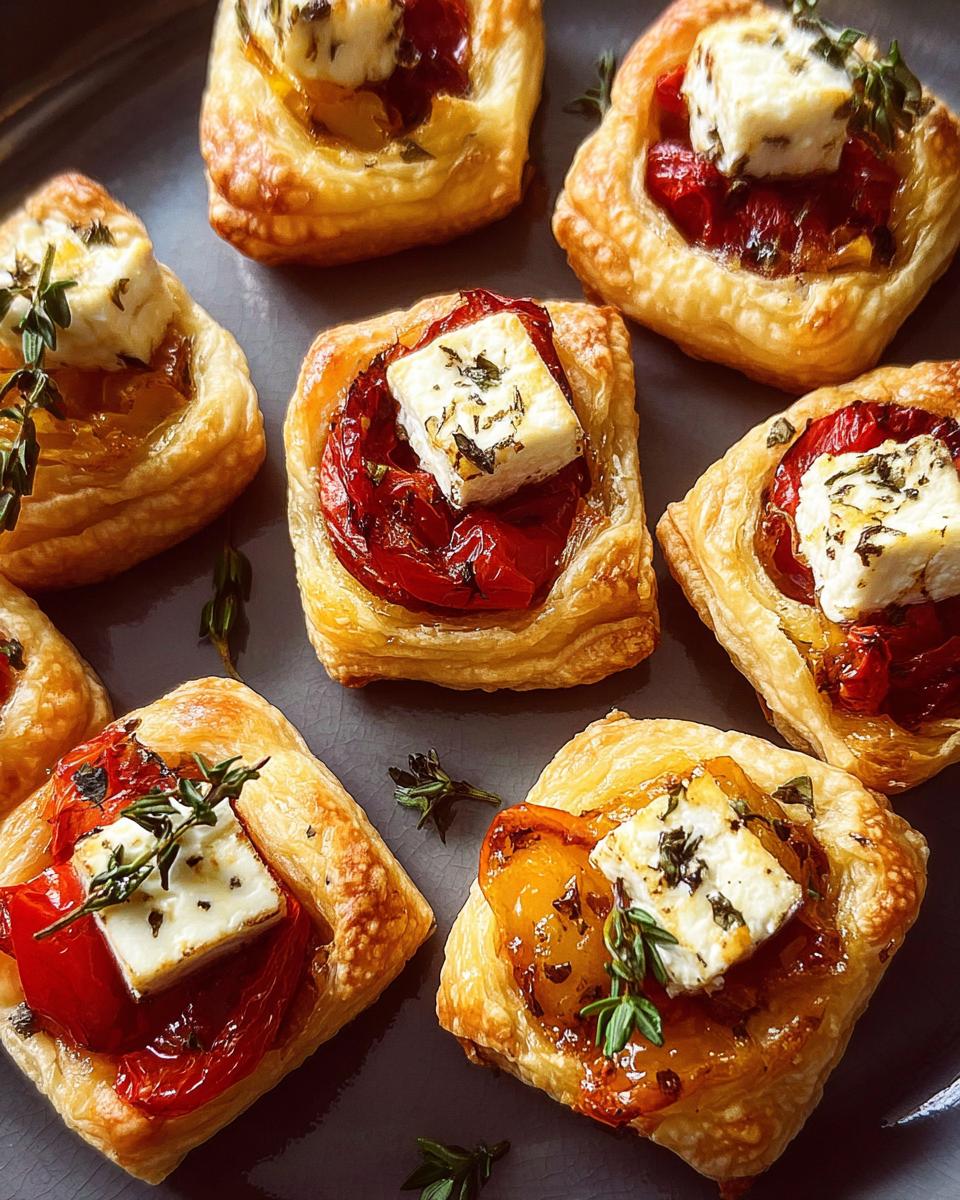Plate of baked feta bites topped with roasted peppers and herbs.