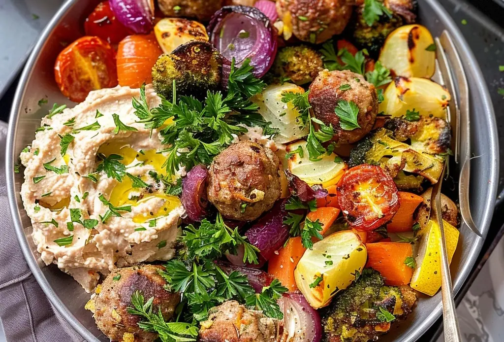 Sheet Pan Mediterranean Meatball Bowls with Roasted Vegetables and Hummus