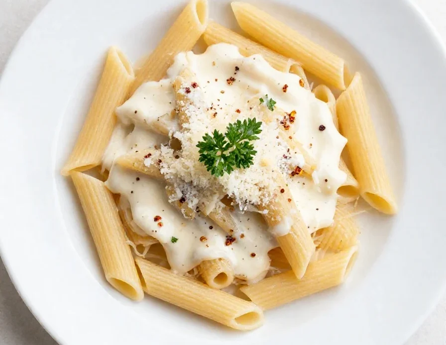 A bowl of creamy garlic pasta topped with parsley and grated cheese