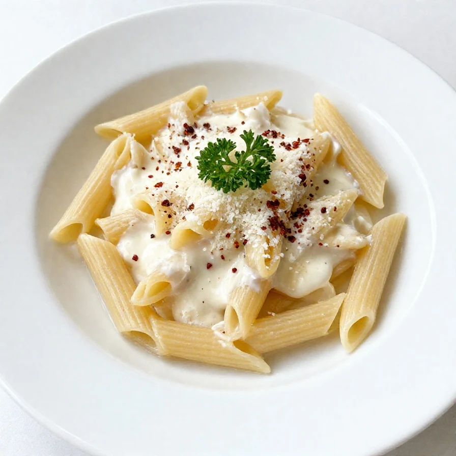 A bowl of creamy garlic pasta topped with parsley and grated cheese